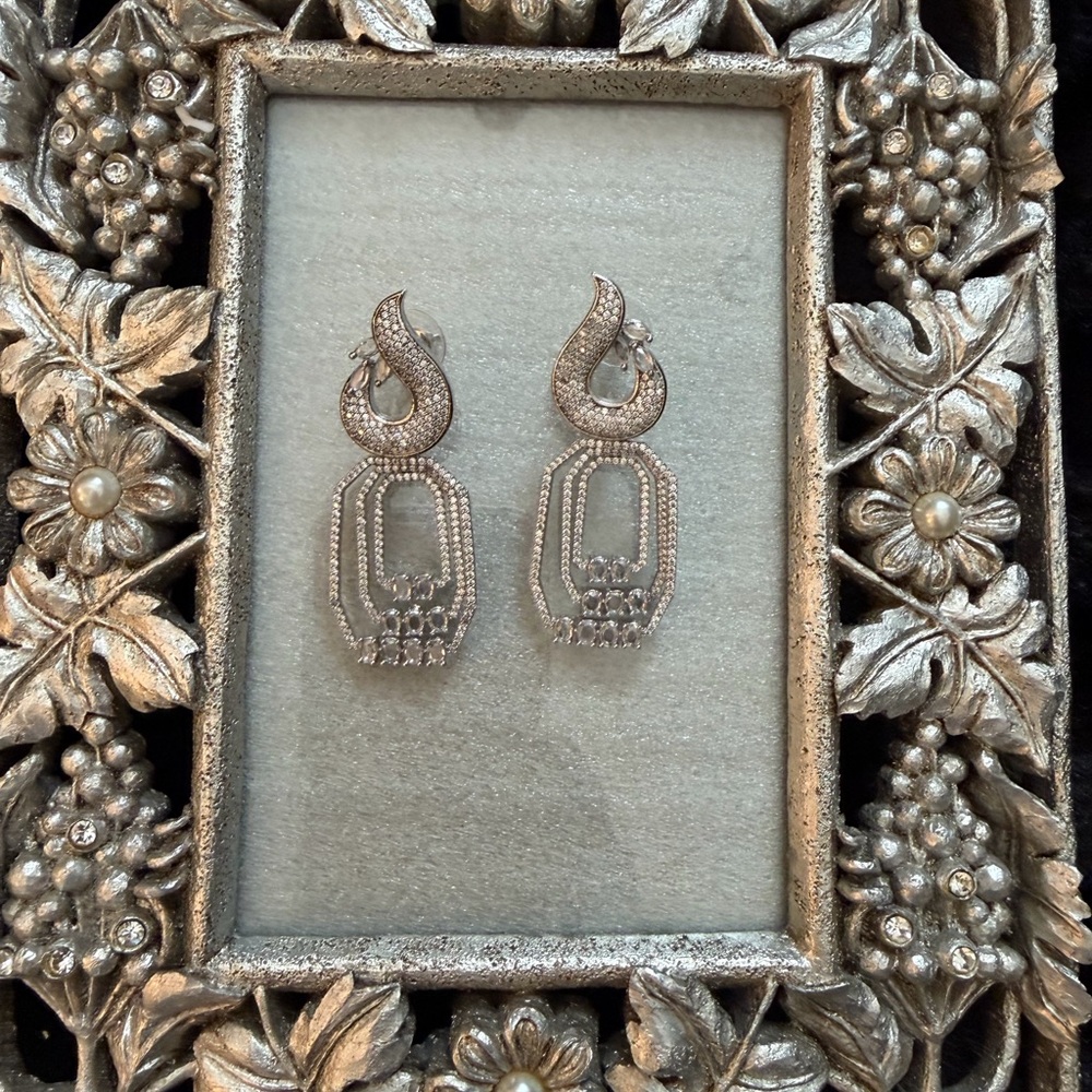 Elegant Silver Tone Rhinestone Drop Earnings 2 1/2” Approximately